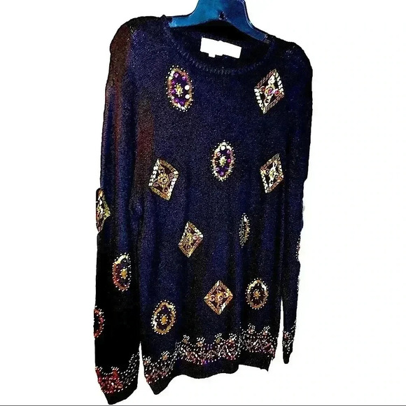 Vintage Carducci Black Silk Angora Lambswool Holiday Sweater with Sequins size M - Picture 1 of 7